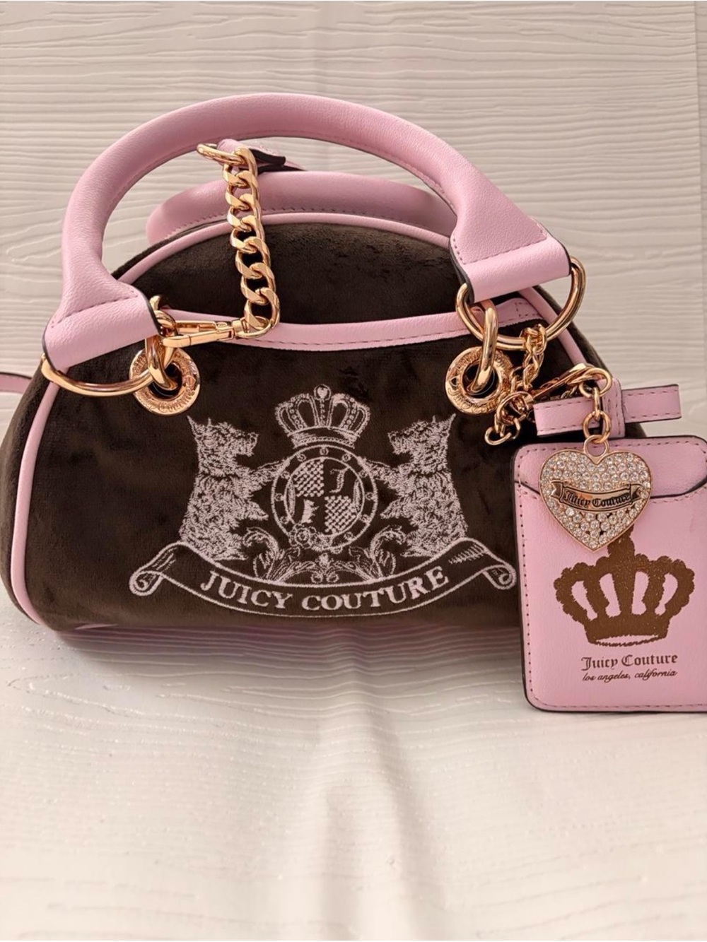 Juicy Couture Pink & Brown Velvet Satchel with Gold Hardware